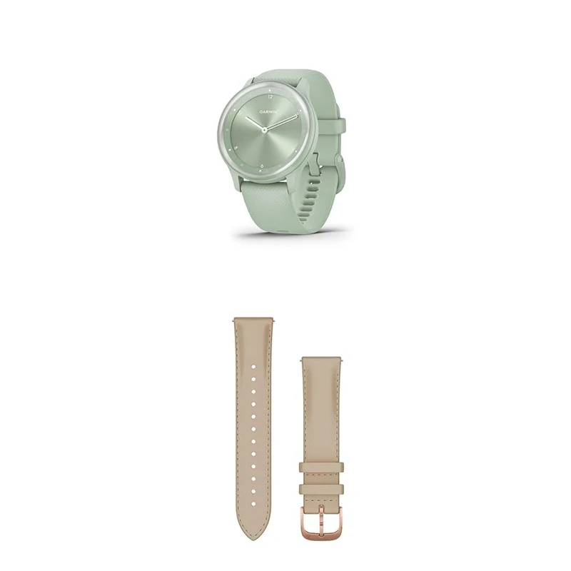 Garmin vívomove Sport, Hybrid Smartwatch with up to 5 days battery life, Cool Mint & Quick Release Band (20 mm) - Light Sand with 18K Rose Gold