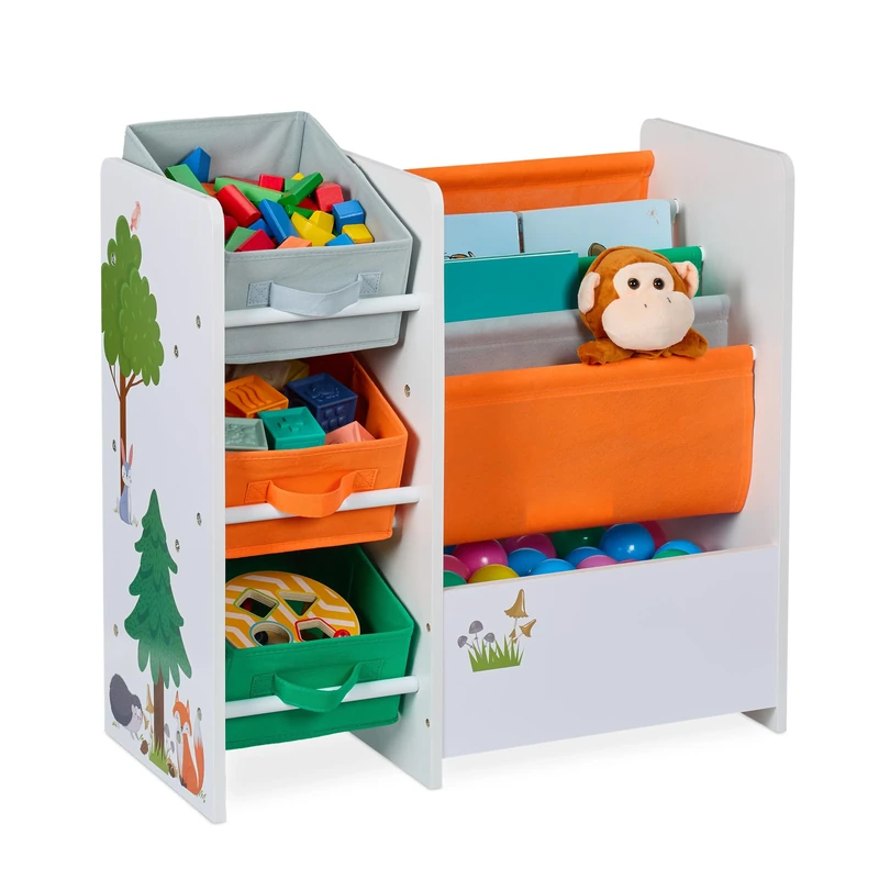 Relaxdays Children's Shelf with 3 Boxes, 4 Pockets, 1 Compartment, Toy Storage, Forest, HWD: 64 x 64 x 30 cm, Colourful, Iron
