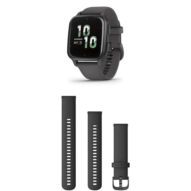 vGarmin Venu Sq 2, AMOLED GPS Smartwatch with up to 11 days battery life, Shadow Grey & Quick Release Band (20 mm) - Black with Slate