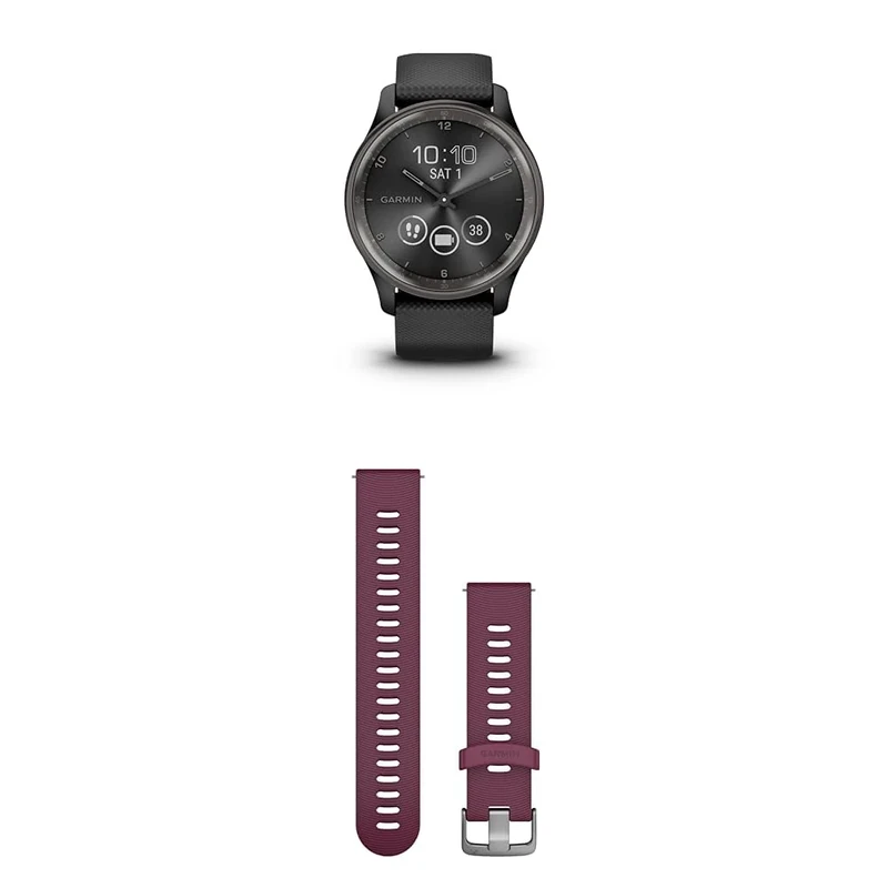 Garmin vívomove Trend, Stylish Hybrid Smartwatch with up to 5 days battery life, Black & Quick Release Band (20 mm) - Berry with Stainless Steel