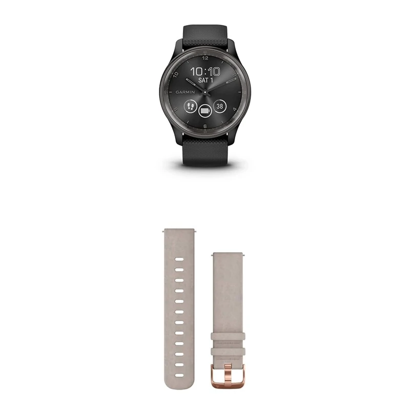 Garmin vívomove Trend, Stylish Hybrid Smartwatch with up to 5 days battery life, Black & Quick Release Band (20 mm) - Gray Suede with Rose Gold