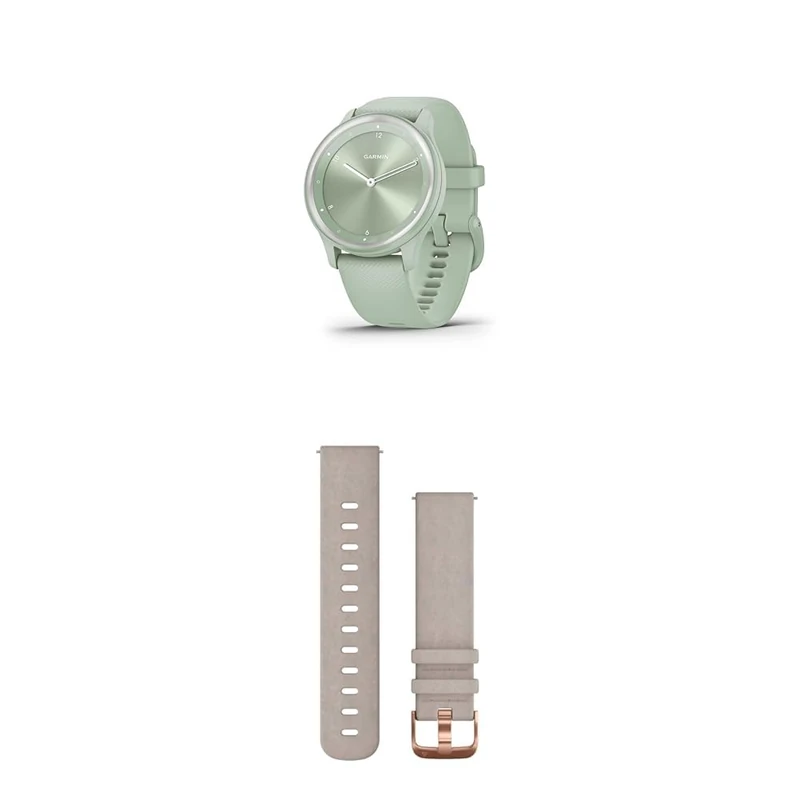 Garmin vívomove Sport, Hybrid Smartwatch with up to 5 days battery life, Cool Mint & Quick Release Band (20 mm) - Gray Suede with Rose Gold