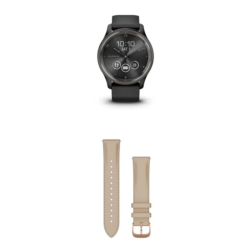Garmin vívomove Trend, Stylish Hybrid Smartwatch with up to 5 days battery life, Black & Quick Release Band (20 mm) - Light Sand with 18K Rose Gold
