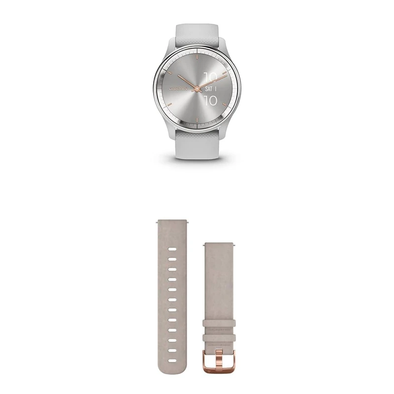 Garmin vívomove Trend, Stylish Hybrid Smartwatch with up to 5 days battery life, Mist Grey & Quick Release Band (20 mm) - Gray Suede with Rose Gold