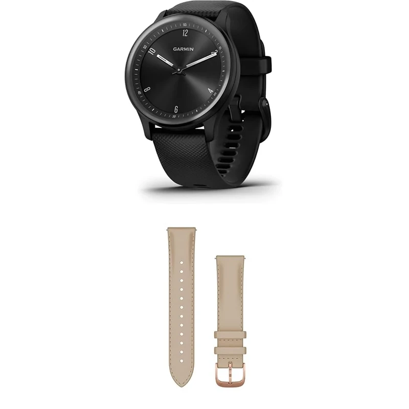 Garmin vívomove Sport, Hybrid Smartwatch with up to 5 days battery life, Black & Quick Release Band (20 mm) - Light Sand with 18K Rose Gold