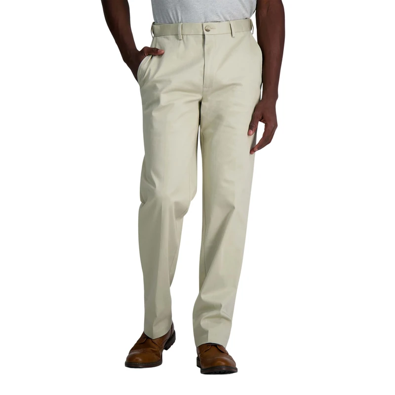 Haggar Men's Wrinkle Free Performance Khaki Classic Fit Flat Front Pant Casual, Sand, 42W x 32L - Image 1