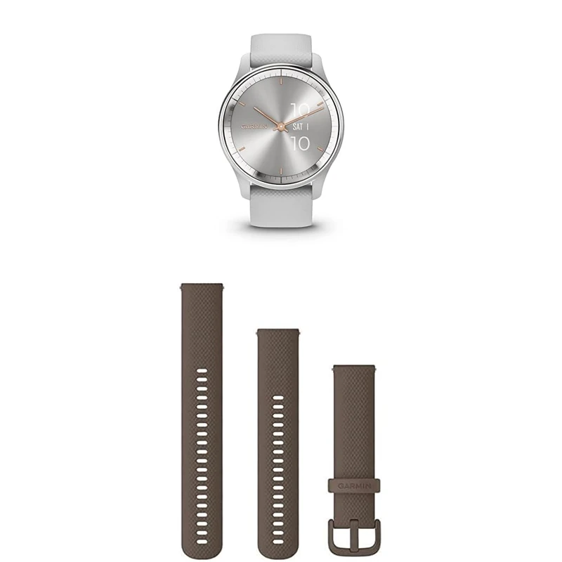 Garmin vívomove Trend, Stylish Hybrid Smartwatch with up to 5 days battery life, Mist Grey & Quick Release Band (20 mm) - Brown