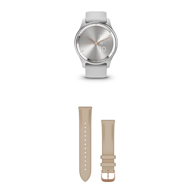 Garmin vívomove Trend, Stylish Hybrid Smartwatch with up to 5 days battery life, Mist Grey & Quick Release Band (20 mm) - Light Sand with 18K Rose Gold