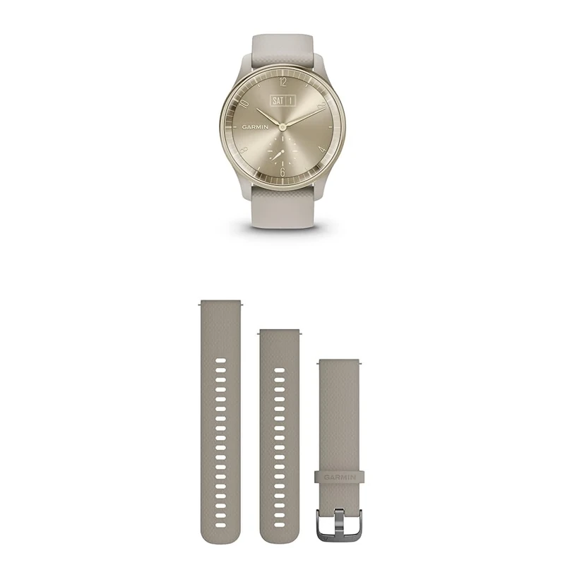 Garmin vívomove Trend, Stylish Hybrid Smartwatch with up to 5 days battery life, French Grey & Quick Release Band (20 mm) - Beige