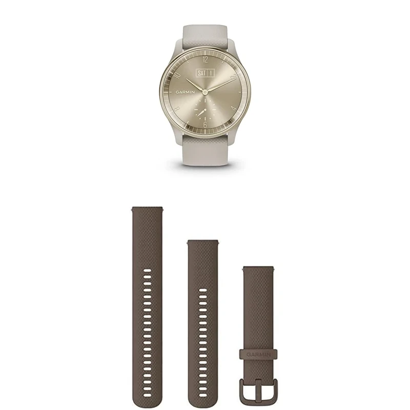 Garmin vívomove Trend, Stylish Hybrid Smartwatch with up to 5 days battery life, French Grey & Quick Release Band (20 mm) - Brown
