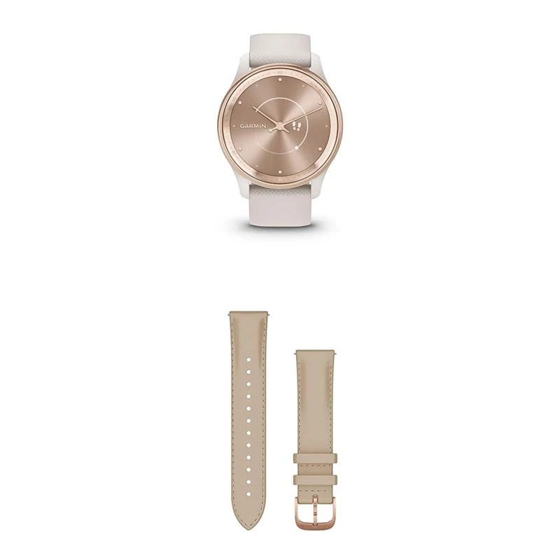 Garmin vívomove Trend, Stylish Hybrid Smartwatch with up to 5 days battery life, Ivory & Quick Release Band (20 mm) - Light Sand with 18K Rose Gold