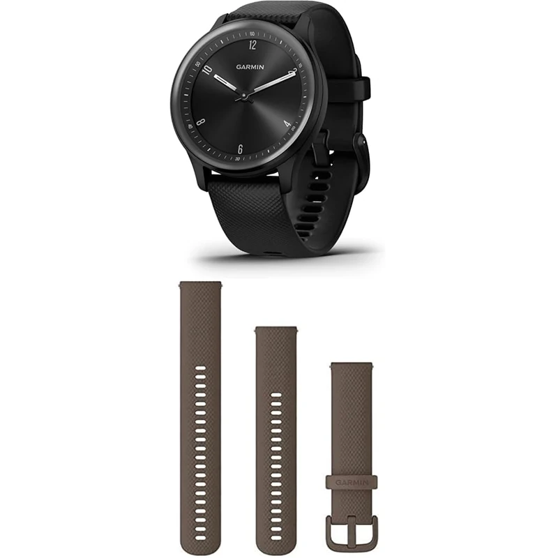 Garmin vívomove Sport, Hybrid Smartwatch with up to 5 days battery life, Black & Quick Release Band (20 mm) - Brown