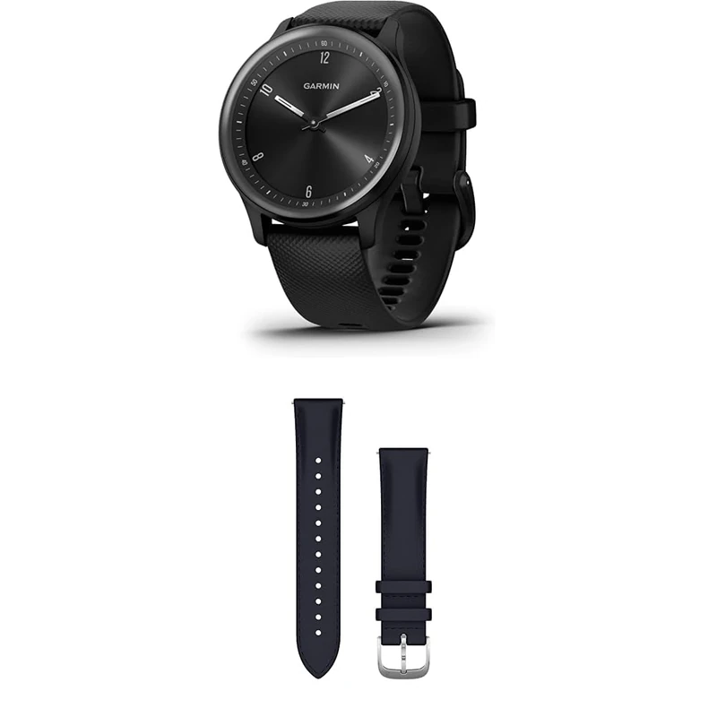 Garmin vívomove Sport, Hybrid Smartwatch with up to 5 days battery life, Black & Quick Release Band (20 mm) - Navy Embossed with Silver