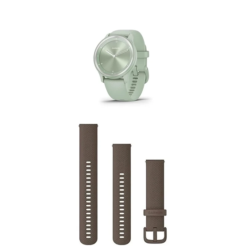 Garmin vívomove Sport, Hybrid Smartwatch with up to 5 days battery life, Cool Mint & Quick Release Band (20 mm) - Brown