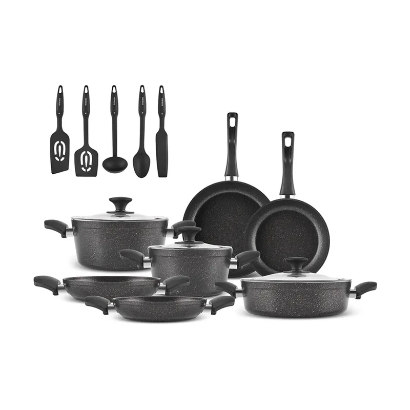 Karaca Biogranite 15-Piece Induction Cookware Set, Medium & Large Stockpot, Dual-Handle Frying Pan, Shallow Casserole, Cooking Utensil Set, BlackGold