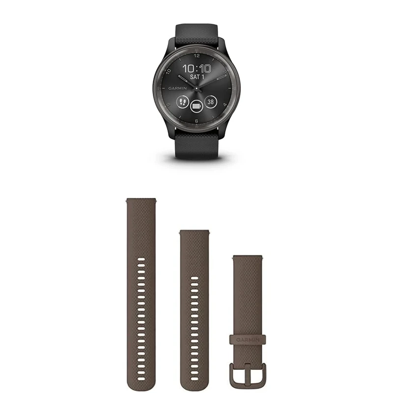 Garmin vívomove Trend, Stylish Hybrid Smartwatch with up to 5 days battery life, Black & Quick Release Band (20 mm) - Brown