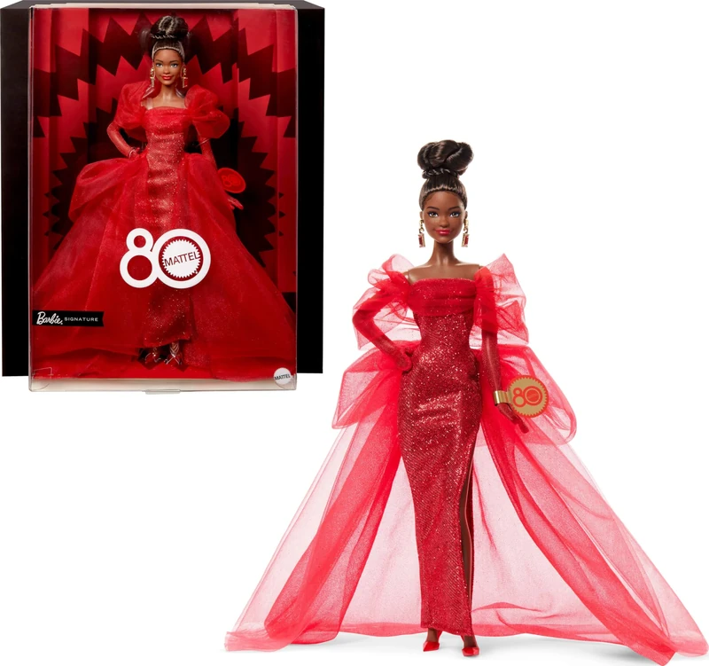 Barbie Signature Doll, Mattel 80th Anniversary Collectible in Glittery Red Tulle Gown with Drop Earrings and Sheer Gloves, Brunette, JBJ18