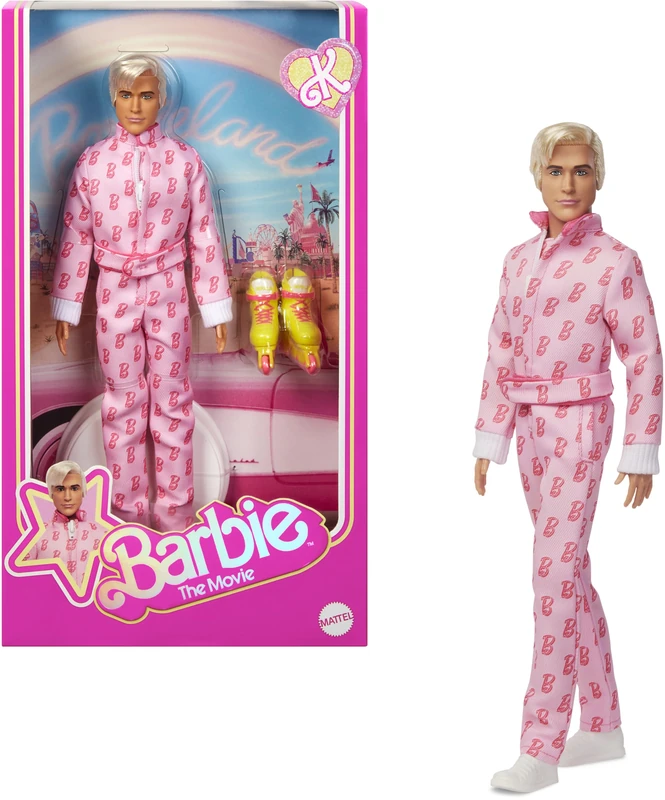 Barbie The Movie Ken Collectible Doll, Ryan Gosling as Ken Wearing Pink Jumpsuit with “B” Detail With White Sneakers and MultiColor Roller Skates, JCP80