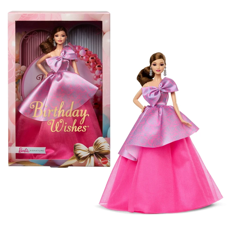 Barbie Signature Birthday Wishes Doll, Collectible Fashion Doll in Satiny, Pink Dress with Wavy Brown Hair and Giftable Packaging, JBJ08