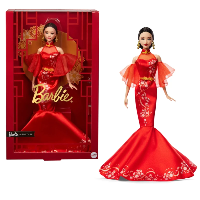 Mattel Barbie Lunar New Year Doll Wearing Qipao Dress with Plum Blossom Prints & Golden Accessories, Barbie Signature Collection, JBJ11