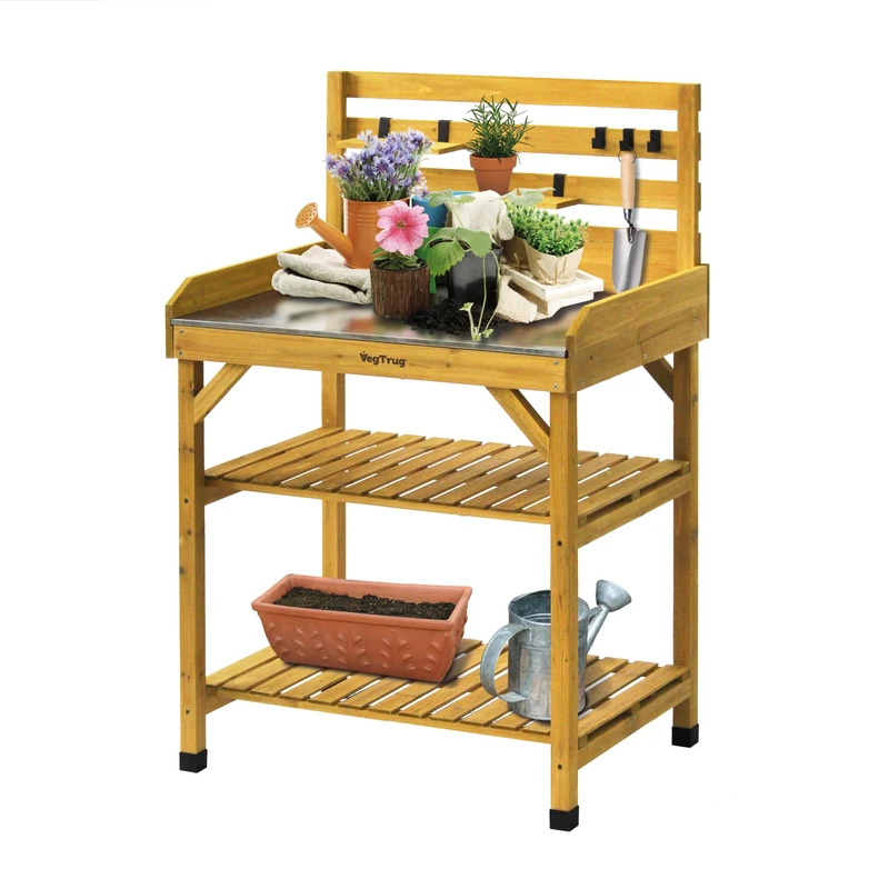 VegTrug® Potting Table – Ergonomic Gardening Workstation – Weather Resistant Potting Bench for Patio, Balcony & Greenhouse – Garden Table with Storage Shelf & Hooks – Natural 81 x 56 x 125 cm