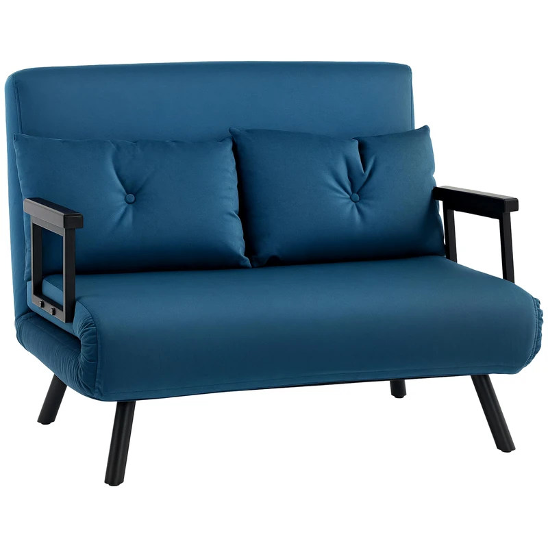 HOMCOM 2 Seater Sofa Bed, Click Clack Convertible Bed Settee, Modern Velvet Feel Fabric Sofa Couch with 2 Tufted Cushions, Wood Armrests for Living Room, Bedroom, Guest Room, Navy Blue