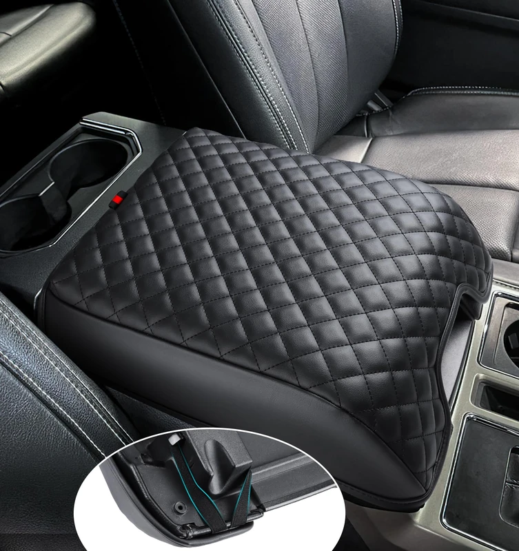 Center Console Armrest Cover for Ford 2015-2022 F150, 2017-2022 F250 F350 F450 F550, PU Leather Car Interior Accessories, Middle Console Cover Box Lid Protector Cushion (Bucket Seat Console)