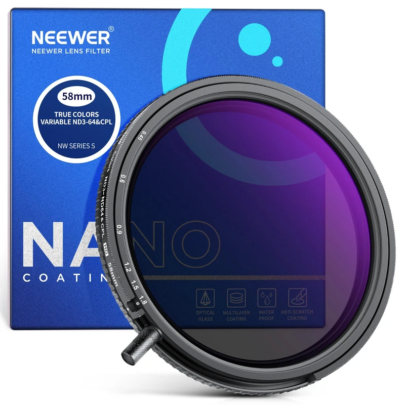 NEEWER 58mm True Colors Variable ND&CPL Filter with Putter, ND3-64(1.5-6 Stops), 2 in 1 Adjustable Limited Neutral Density & CPL Filter, Multi Coated HD Optical Glass/Aluminum Frame/Scratch Resistant