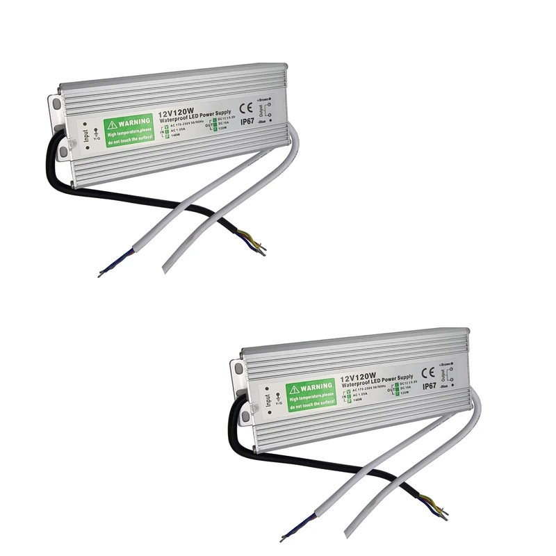 Set Of 2 LED Driver, 120W 12V Lighting Transformer, 100-240V AC to 12V DC IP67 Waterproof 10A LED Power Supply Constant Voltage Adapter for Outdoor Garden Strip Lights LEDS Lighting Shed Light