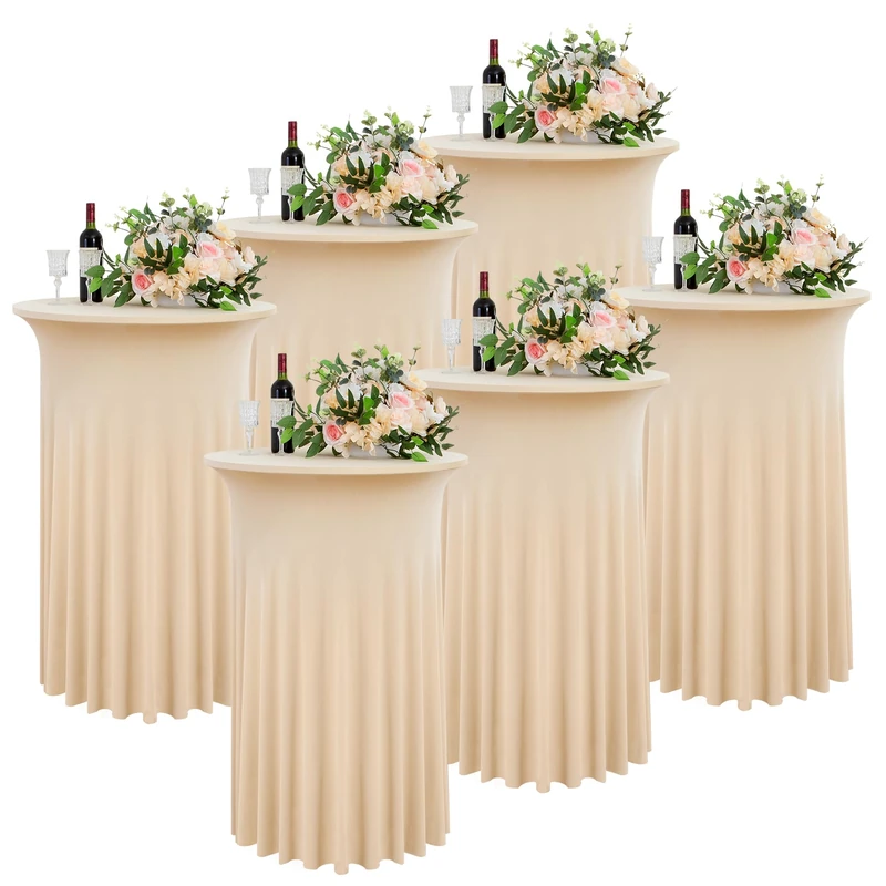 Nobed HHT 6 Pack Champagne Round High Top Cocktail Table Cloth 32inch×43inch Wrinkle Free Stretch Spandex Cocktail Tablecloths Table Covers for Party Wedding Banquet Baby Shower Birthday