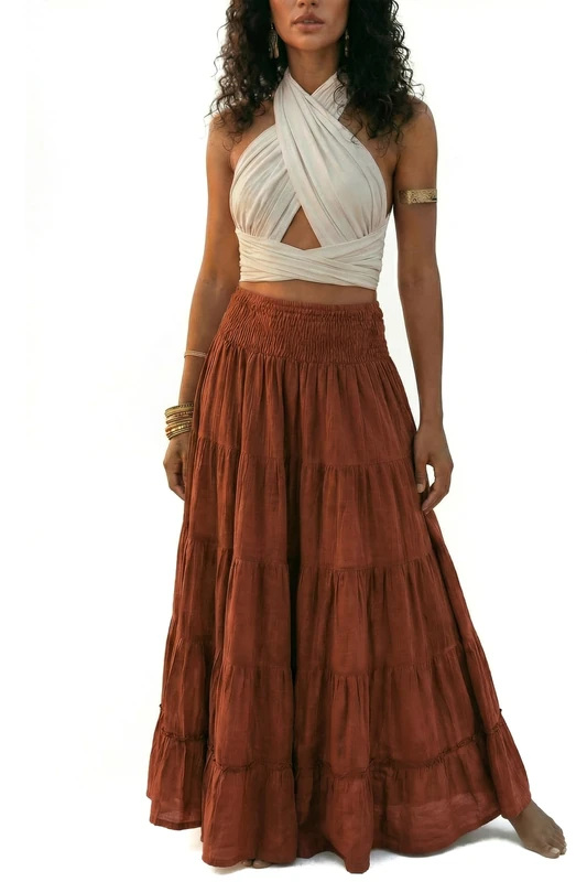 Women's Maxi Boho Skirt Moana Flowy Long Cotton Skirt Bohemian Style, Rust, One Size - Image 1