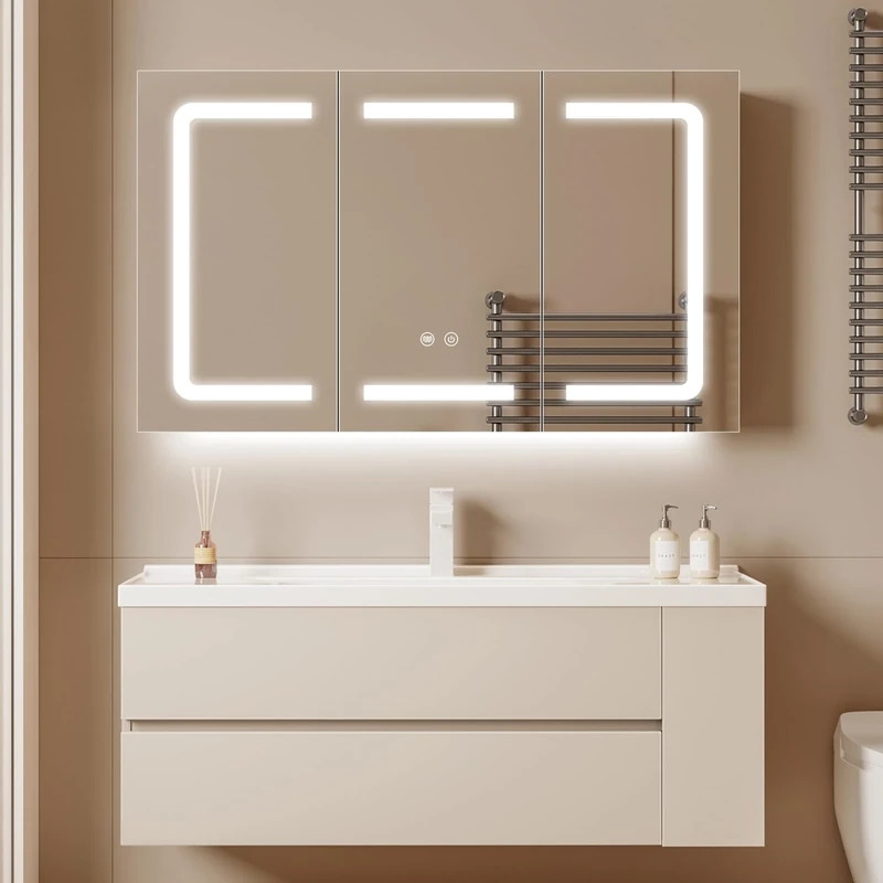Black Bathroom Mirror Cabinets with LED Lights, Wall Mounted Mirror Medicine Cabinet with Adustable Shelf, Shaver Socket and Plug, 3 Doors, Anti Fog, Dimmable, with Memory Function, 1000 x 600mm