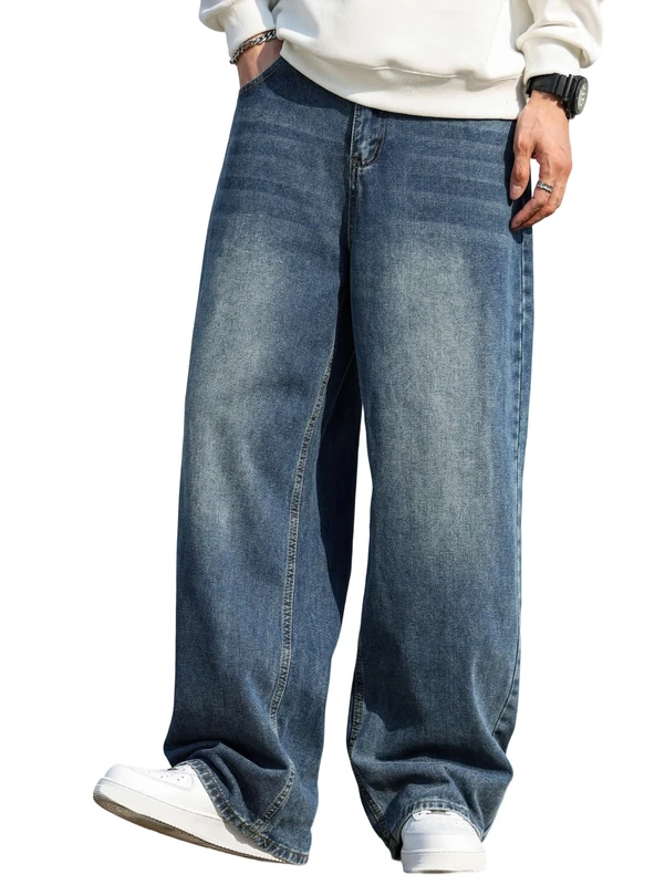 DFGIGT Men's Baggy Hip Hop Jeans Wide Leg Skater Denim Pants Casual Loose Fit Long Trousers Streetwear, A12 Blue, XXL