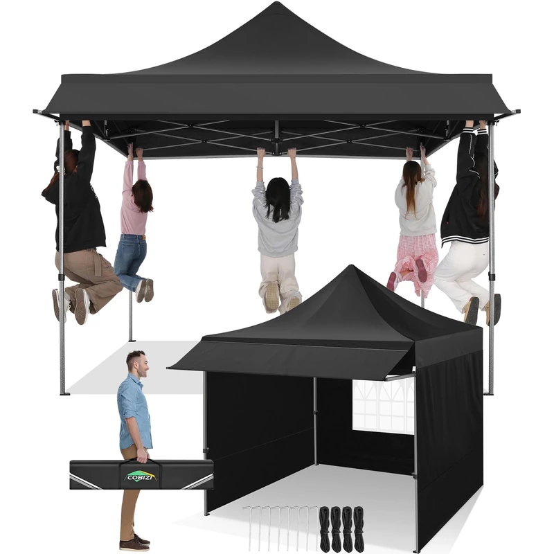 COBIZI 10x10 Pop Up Tent with Canopy, Heavy Duty UPF 50+, All Seasons Waterproof Street Vendors, Party Tents for Parties with Carry Bag (10x10 Feet, Black) - Image 1