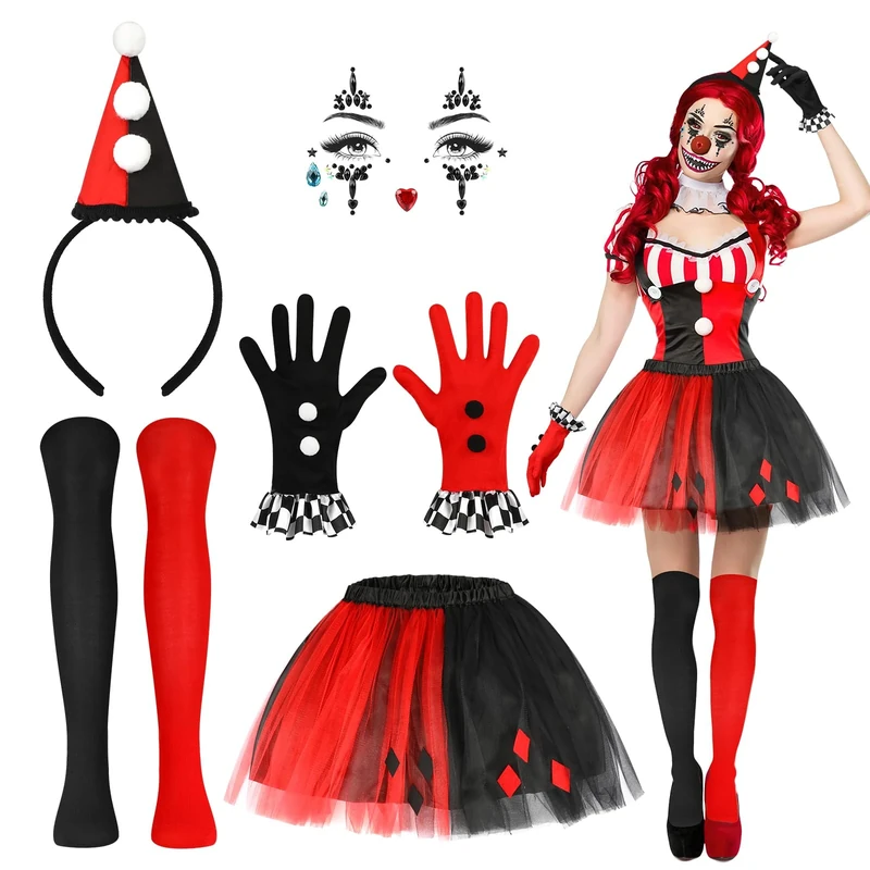 5 PCS Halloween Clown Costume Accessories Women, Clown Hat Headband Gloves Face Gems Harlequin Socks Tutu Skirt, Harlequin Jester Costume Women Accessories for Halloween Carnival Cosplay Party