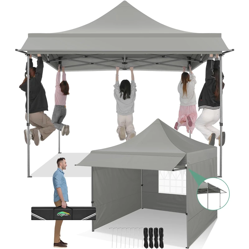 COBIZI 3 x 3 Waterproof Folding Gazebo, Adjustable Height Pop Up Gazebo with Canopy and Walls UV50+ Protection, Outdoor Garden Gazebo, 3x3 Folding Gazebo, 3 x 3 Tent (3 x 3 m, Grey) - Image 1