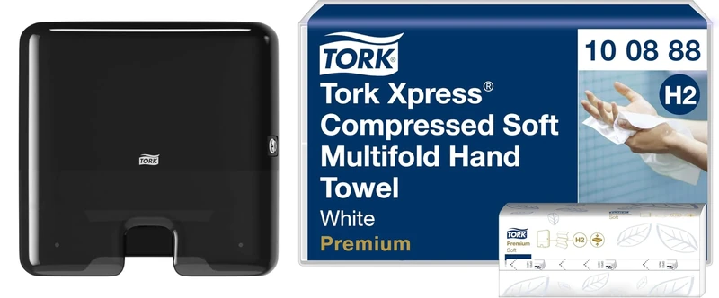 Tork Xpress Multifold Mini Hand Towel Wall Mounted Dispenser Black 552108 + Soft Multifold Hand Towels White 12 x 170 sheets, 100888