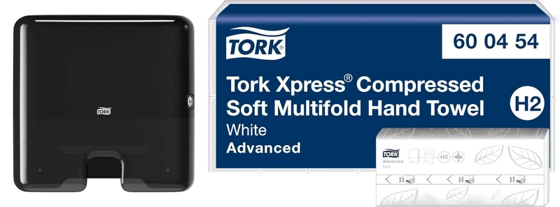 Tork Xpress Multifold Mini Hand Towel Wall Mounted Dispenser Black 552108 + Compressed Soft Multifold Hand Towels 6 x 200 Sheets, 600454