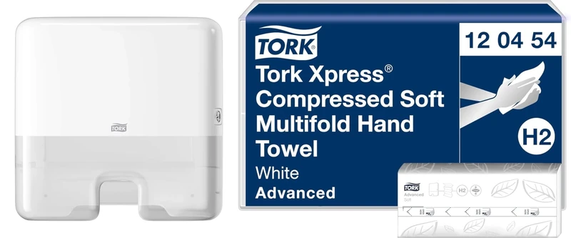 Tork Xpress Multifold Mini Hand Towel Wall Mounted Dispenser White 552100 + Soft Multifold Hand Towels White, 12 x 200 sheets, 120454