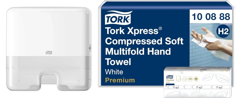 Tork Xpress Multifold Mini Hand Towel Wall Mounted Dispenser White 552100 + Soft Multifold Hand Towels White, 12 x 200 sheets, 120454