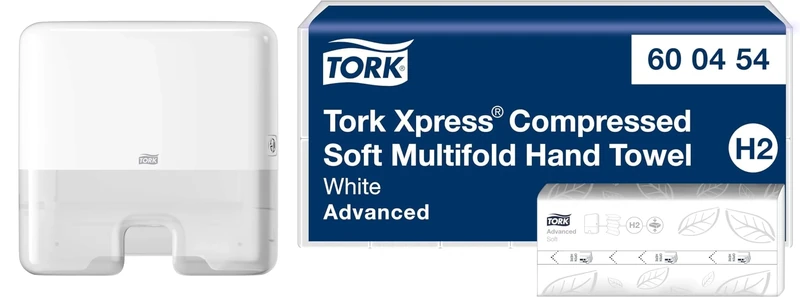 Tork Xpress Multifold Mini Hand Towel Wall Mounted Dispenser White 552100 + Soft Multifold Hand Towels White, 12 x 200 sheets, 120454