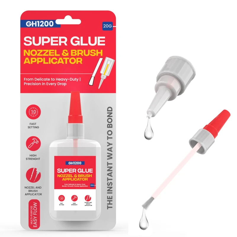 GH1200 Precision Control Super Glue Gel, 6g Superglue Bonds in Seconds - Ultimate Micro-Dispensing for No-Mess Repairs, Non-Drip Ca glue (20g Super Glue Brush Nozzle)