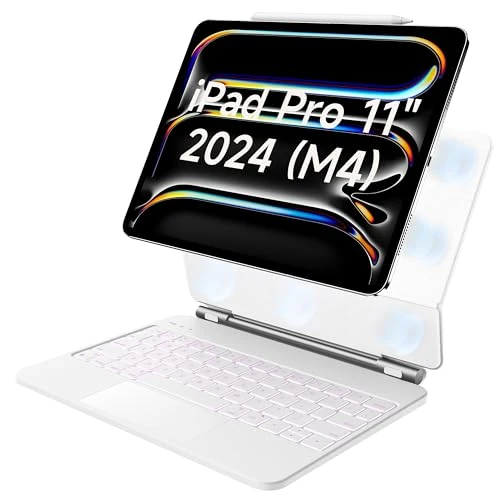 HOU iPad Pro 11 Inch Case with Keyboard(M4,2024,ONLY),iPad Pro 11 Inch (5th Gen) Keyboard Case,Multi-Touch Trackpad,7 Colors Backlight,Easy-Set Magnetic Stand,QWERTY White