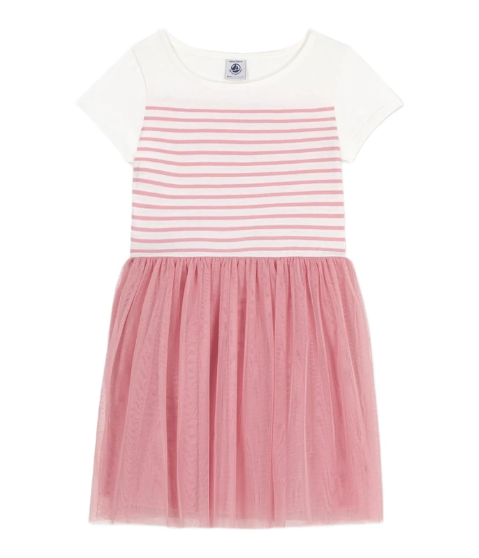 Petit Bateau Girl's A0dim Short Sleeve Dress, White/Pink, 12 Years