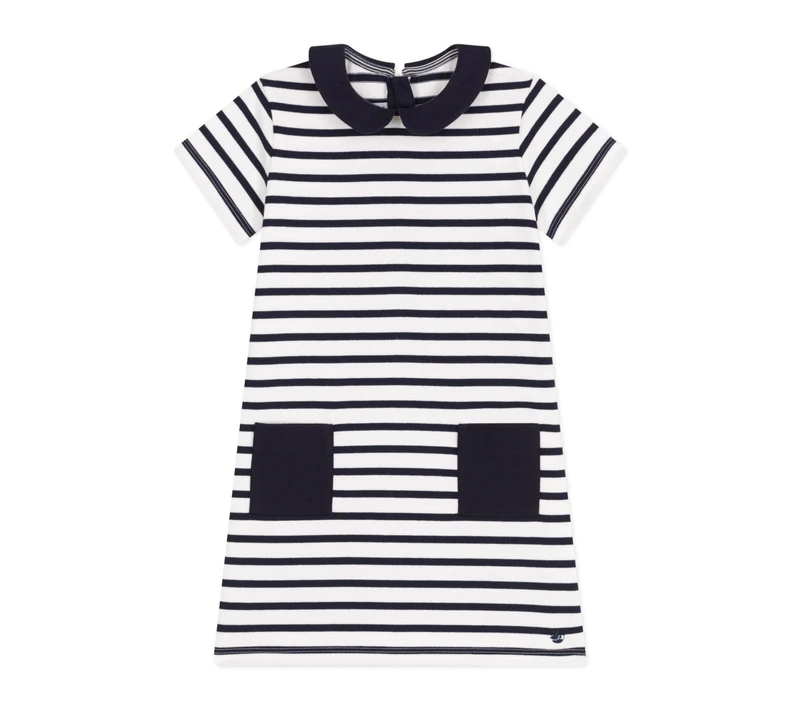 Petit Bateau Girl's A0cqe Short Sleeve Dress, White/Blue, 8 years