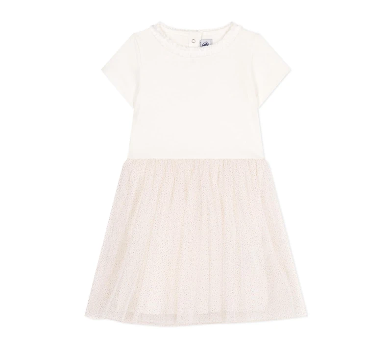 Petit Bateau Girl's A0dip Short Sleeve Dress, White/Copper, 3 years