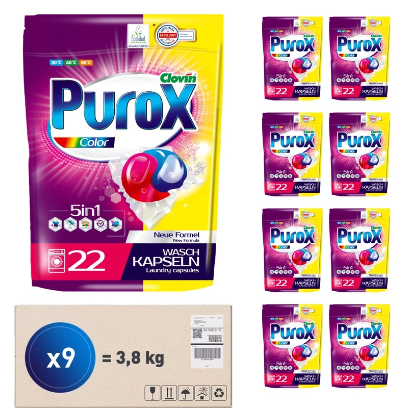 PUROX COLOR Laundry Capsules (22 Washes x 9) Dual-Compartment Capsules for Coloured Clothes, Doypack, Pack of 9 - Image 1
