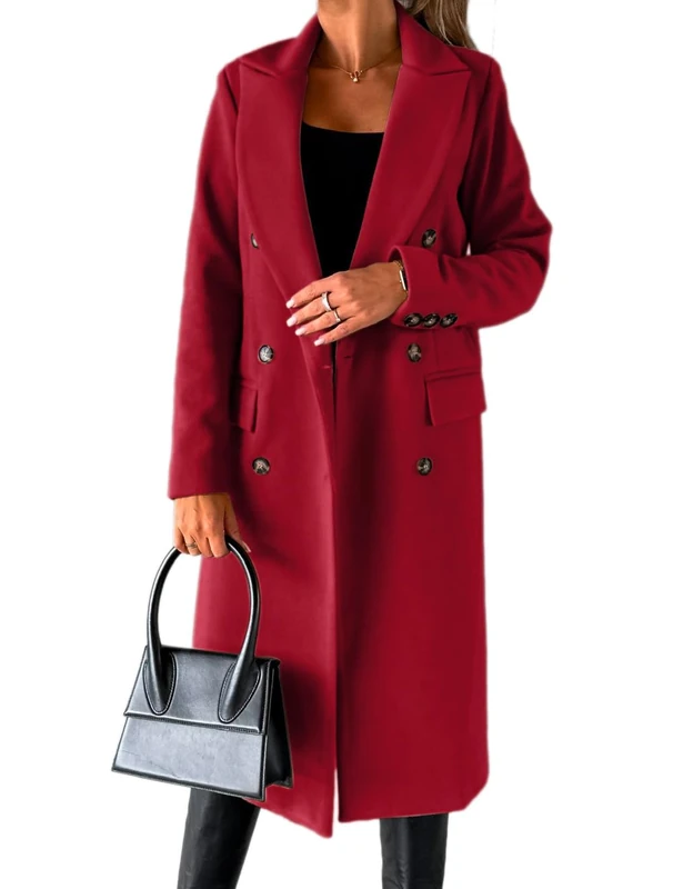 IDEALSANXUN Womens Long Wool Coat Double Breasted Trench Coat Fall Winter Clothes, Wine, X-Large