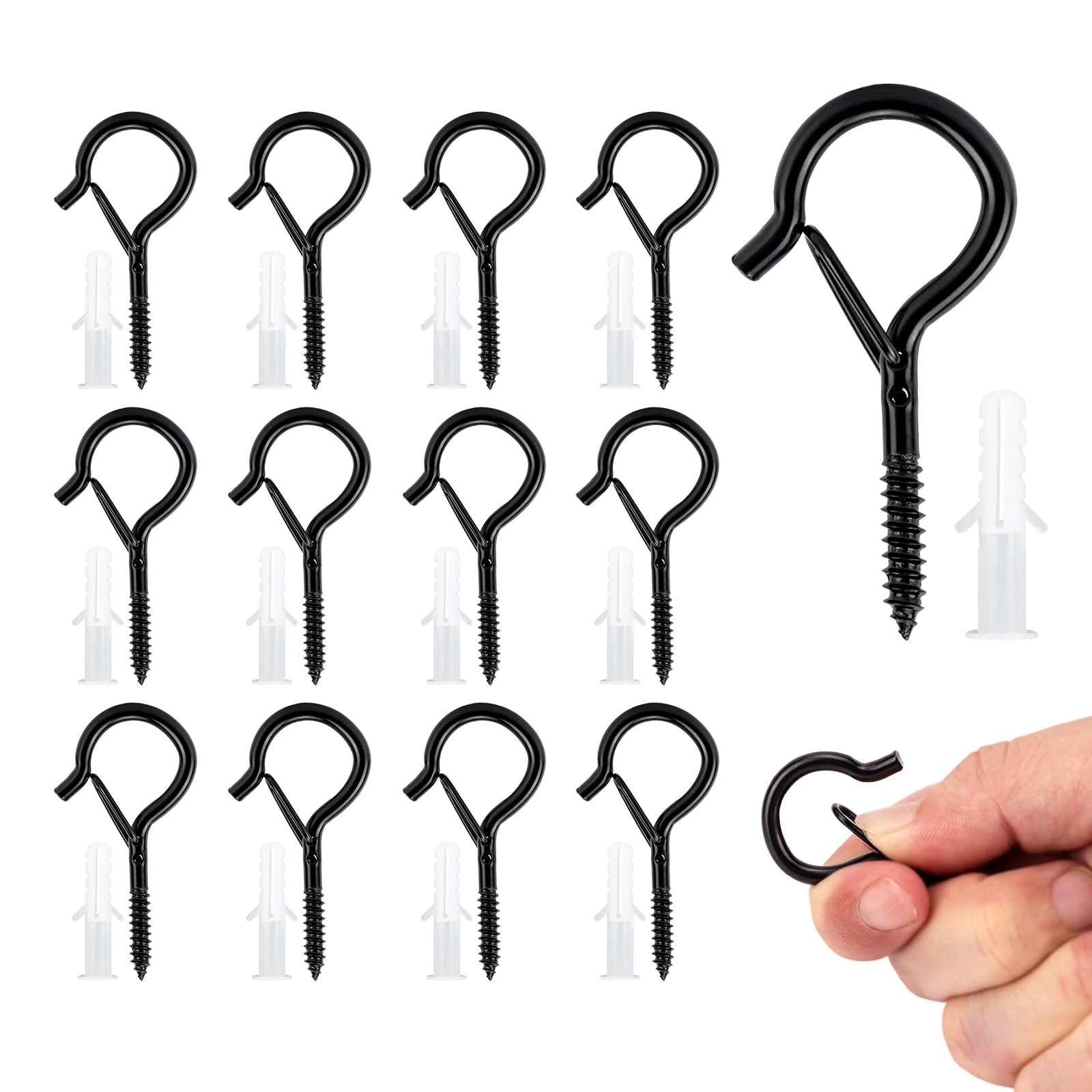 KINGLAKE Screw in Hooks, 12 Pcs Q Hanger Hooks for Outdoor Christmas String Light, Safety Buckle, Fence Celling Black Screw Hook for Wood Wall Hanging Fairy Lights Plants Bird Feeders Cups