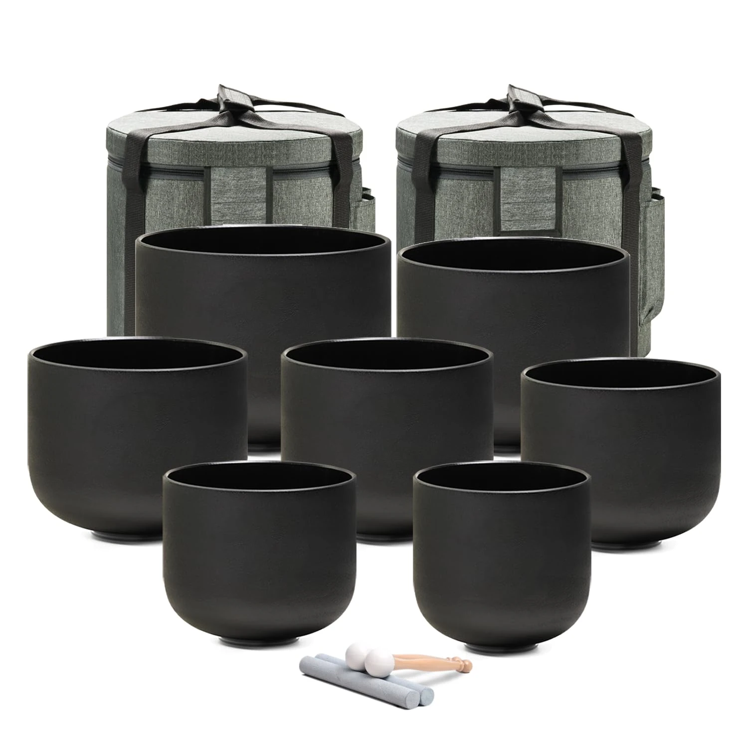 432HZ 6-12 Inch Set of 7 Chakra Black Frosted Quartz Crystal Singing Bowls with 2 Pcs Carry Cases and Suede Mallet